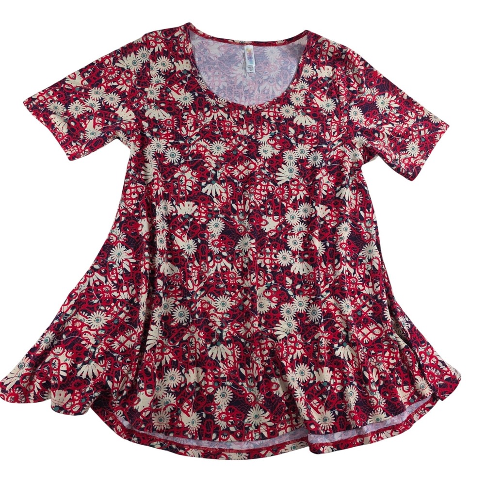 LuLaRoe Womens Medium Red Floral Swing Tunic Top Short Sleeve‎ Daisy Print